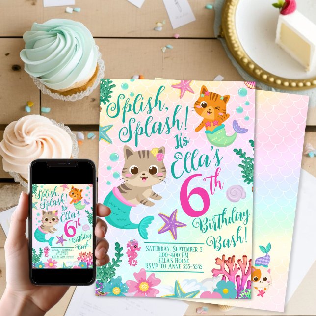 Invitación Fiesta de cumpleaños de la sirena del gato Meowmai (Meow-maid Cat mermaid party invitation)