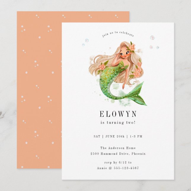 Invitación Fiesta de cumpleaños de la sirena floral Peach (Anverso / Reverso)