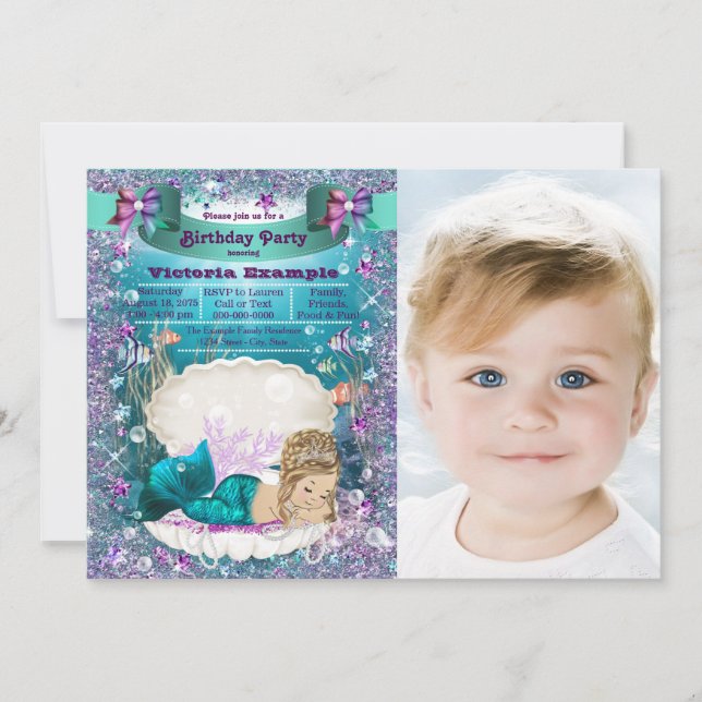 Invitación Fiesta de cumpleaños de la sirena morada y Verde a (Anverso)