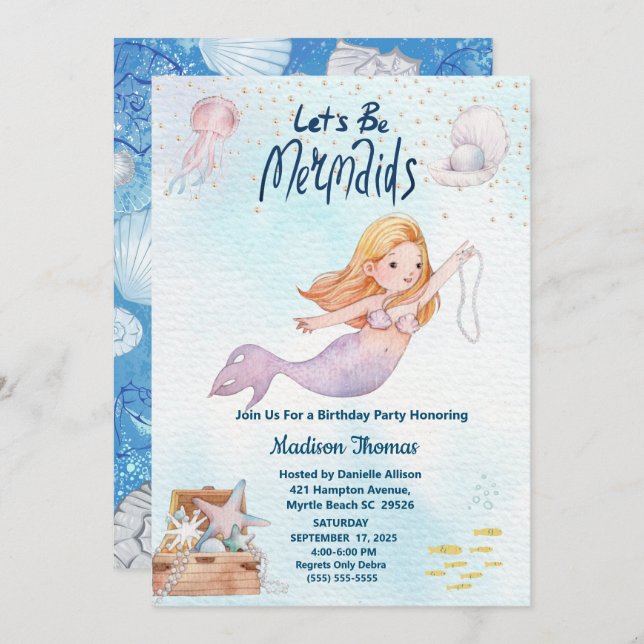 Invitación Fiesta de cumpleaños de la sirena purpurina (Anverso / Reverso)