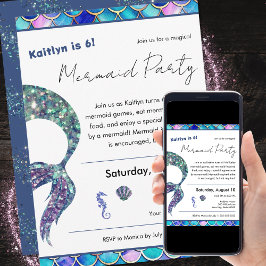 Invitación Fiesta de Cumpleaños de la Sirena Purpurina Cuta