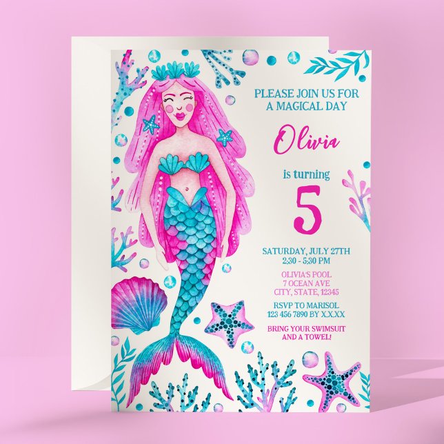 Invitación Fiesta de cumpleaños de la sirena rosa y Chica tur (Mermaid Pink and Turquoise Girl's Birthday Party Invitation)