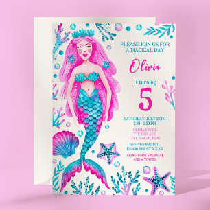 Invitación Fiesta de cumpleaños de la sirena rosa y Chica tur