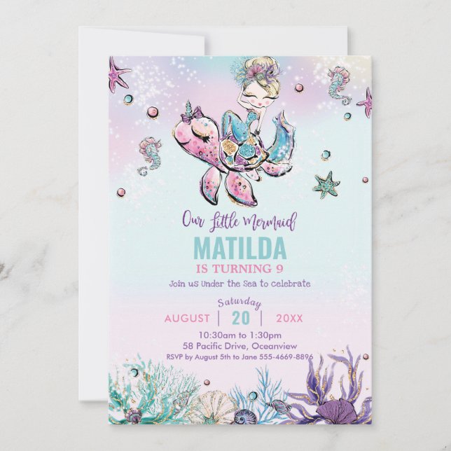 Invitación Fiesta de cumpleaños de la sirena rubia bajo el ma (Anverso)