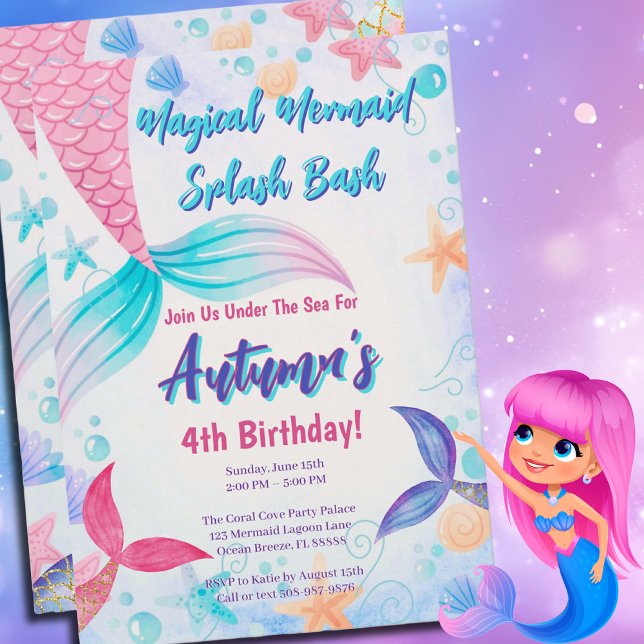 Invitación Fiesta de cumpleaños de la Sirena Verde azulada Pi (Mermaid Splash Bash Birthday Invite for an Under the Sea Party that will be unforgettable )