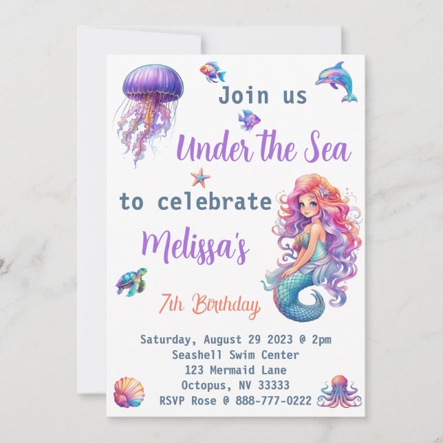 Invitación Fiesta de Cumpleaños de la Sirenita bajo el mar (Anverso)