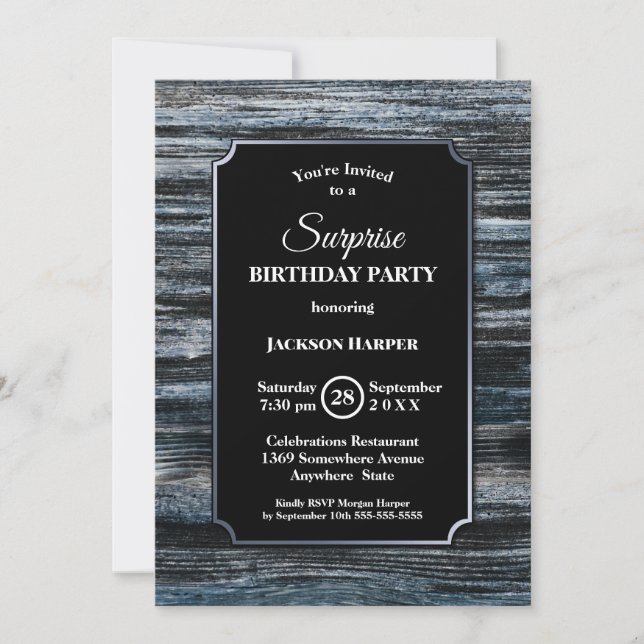 Invitación Fiesta de cumpleaños de la sorpresa de Rustic Blue (Anverso)