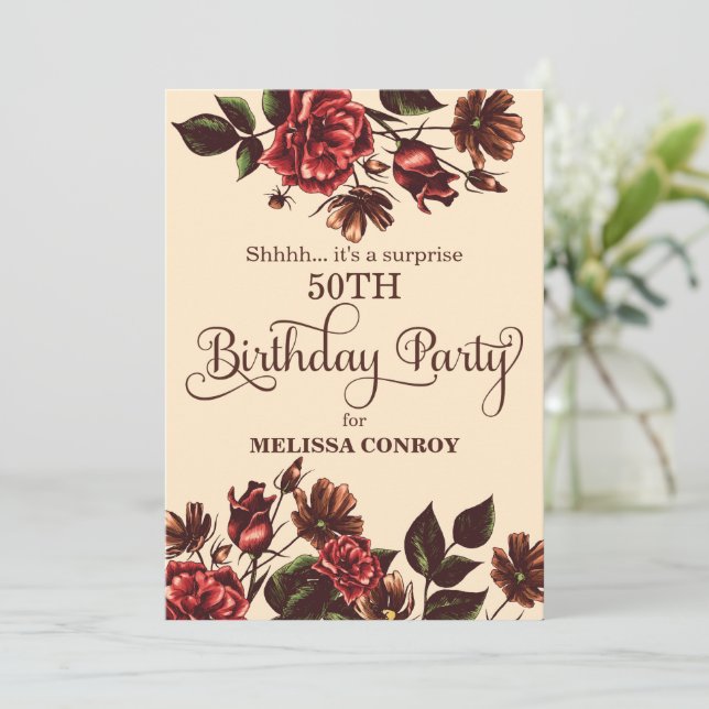 Invitación Fiesta de cumpleaños de la sorpresa floral de otoñ (Anverso de pie)