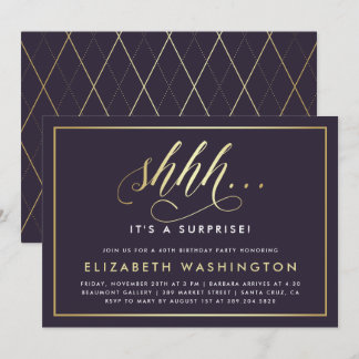 Invitación Fiesta de Cumpleaños de la Sorpresa Oro y Morado