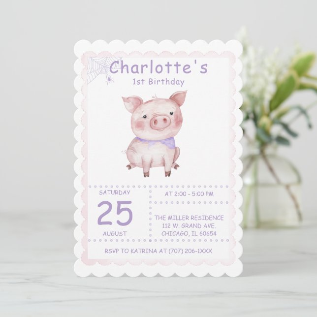 Invitación Fiesta de Cumpleaños de la Telaraña de Charlotte (Anverso de pie)