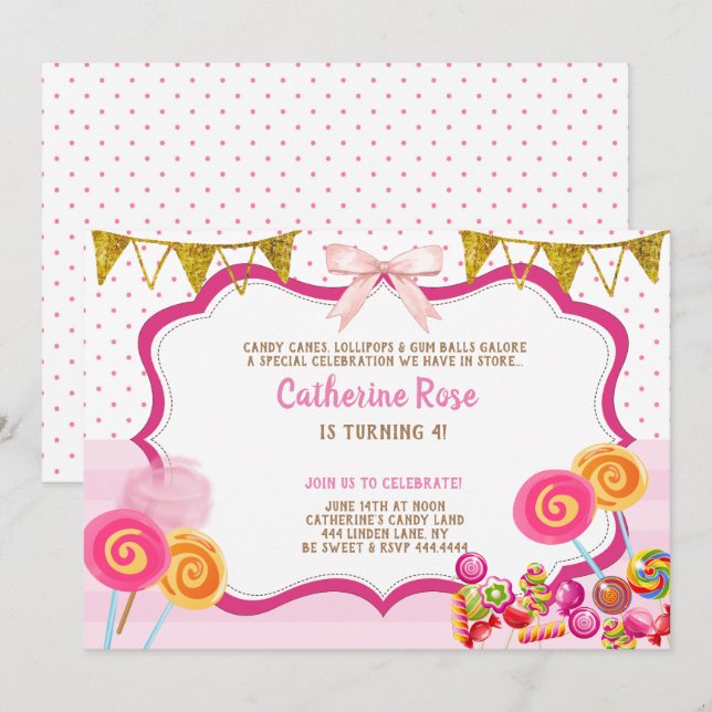 Invitación Fiesta de cumpleaños de la tierra del caramelo (Anverso / Reverso)