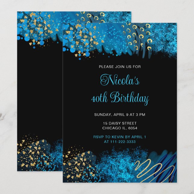 Invitación Fiesta de cumpleaños de la tinta azul del alcohol (Anverso / Reverso)