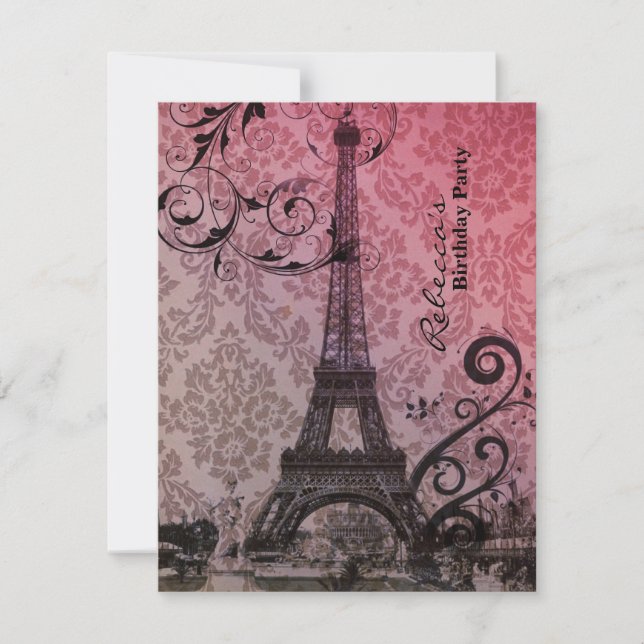 Invitación fiesta de cumpleaños de la torre del eiffel floral (Anverso)