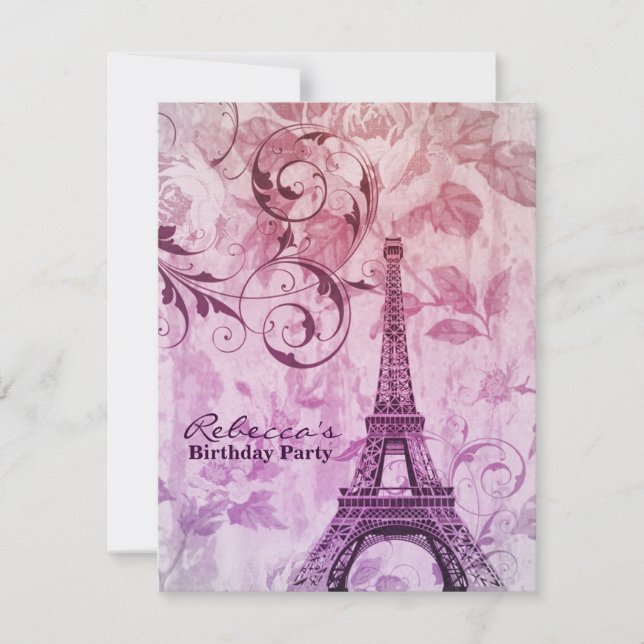 Invitación fiesta de cumpleaños de la torre del eiffel floral (Anverso)