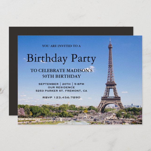 Invitación Fiesta de cumpleaños de la Torre Eiffel (Anverso / Reverso)