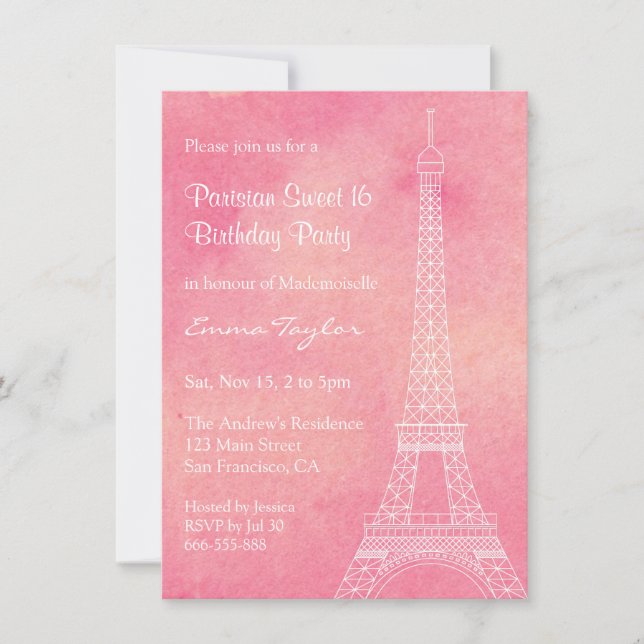 Invitación Fiesta de cumpleaños de la Torre Eiffel con acuare (Anverso)