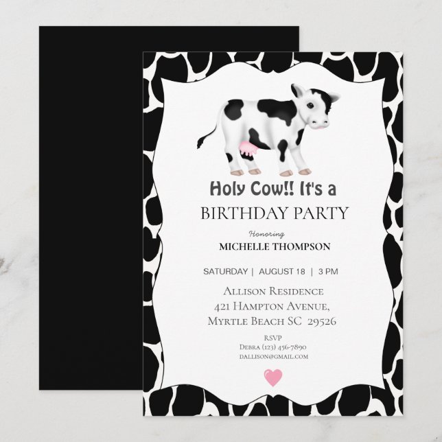 Invitación Fiesta de cumpleaños de la vaca sagrada para niños (Anverso / Reverso)