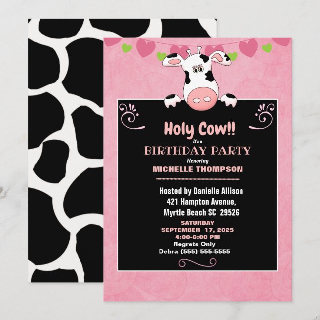 Invitación Fiesta de cumpleaños de la vaca sagrada para niños (Anverso / Reverso)