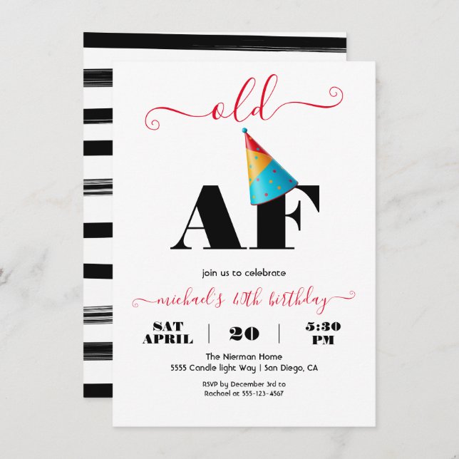 Invitación Fiesta de cumpleaños de la vieja AF (Anverso / Reverso)