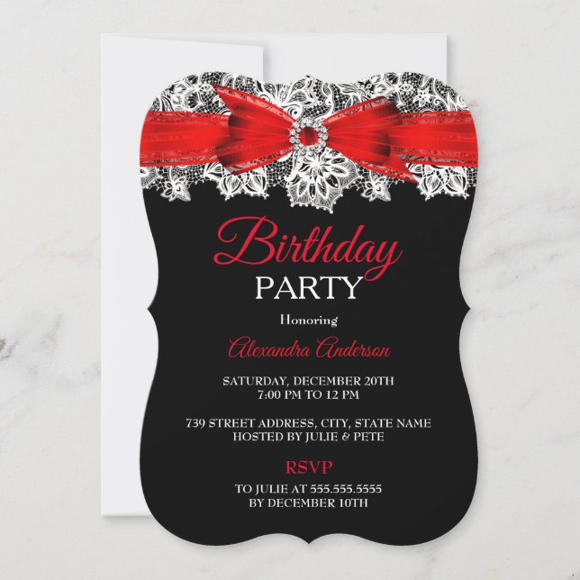 Invitación fiesta de cumpleaños de Lace Bow blanco rojo (Anverso)