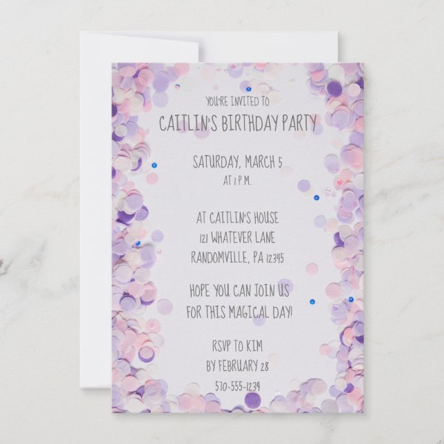 Invitación Fiesta de cumpleaños de las chicas Confetti rosada (Anverso)