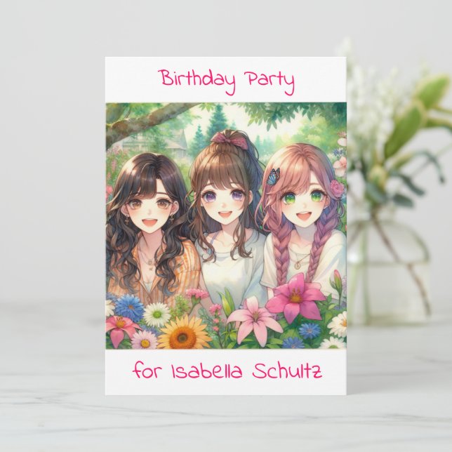 Invitación Fiesta de cumpleaños de las chicas de Cute Anime (Anverso de pie)