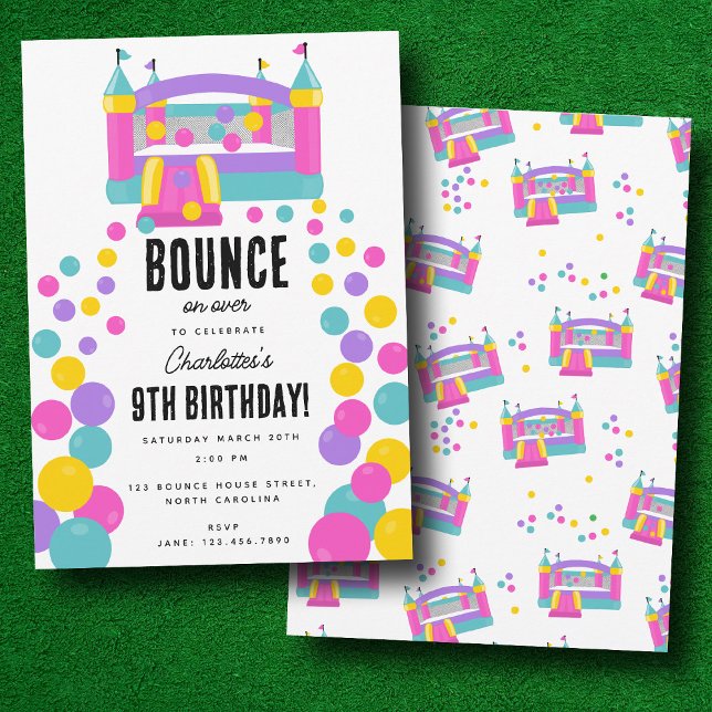 Invitación Fiesta de cumpleaños de las chicas del castillo de (Bounce House Jumping Castle Girls Birthday Party Invitation)