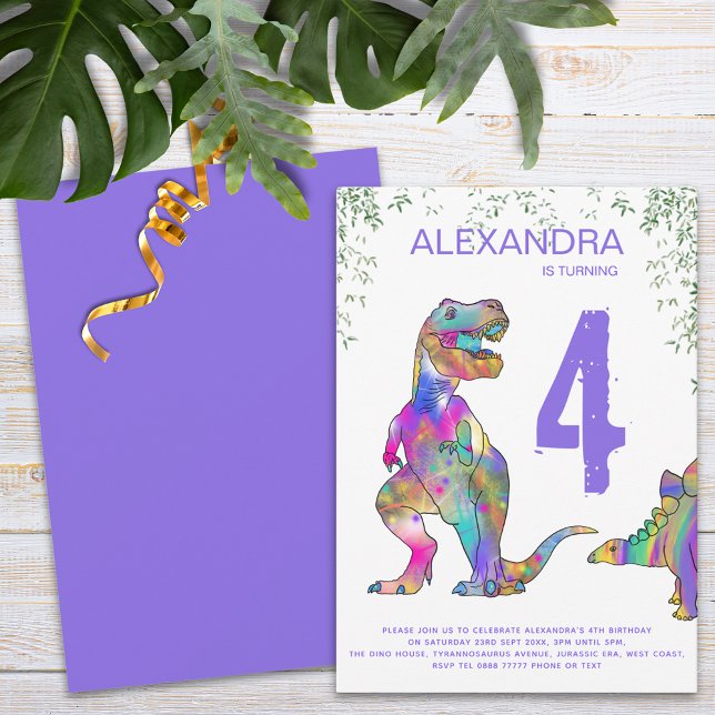 Invitación Fiesta de Cumpleaños de las Chicas Dinosaurio Colo (Colorful dinosaur girls 4th birthday party )
