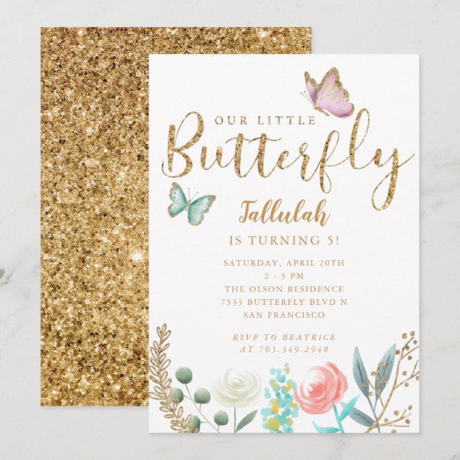 Invitación Fiesta de cumpleaños de las chicas mariposas (Anverso / Reverso)