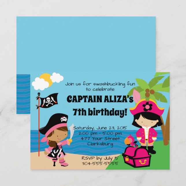 Invitación Fiesta de cumpleaños de las chicas piratas (Anverso / Reverso)