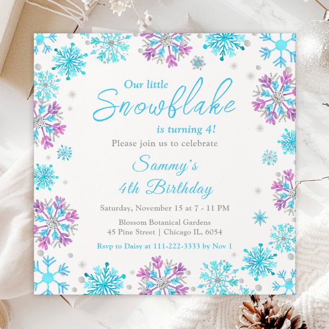 Invitación Fiesta de cumpleaños de las copas de nieve moradas (Subido por el creador)