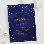 Invitación Fiesta de cumpleaños de las estrellas del oro azul<br><div class="desc">Una glamorosa invitación a la fiesta de cumpleaños para él y ella. Un fondo azul marino adornado con falsas estrellas doradas. El color azul es desigual. Personalice y agregue un nombre y detalles del fiesta. Texto dorado. Un gran número de edad como marca de agua. Fondo azul marino y estrellas...</div>