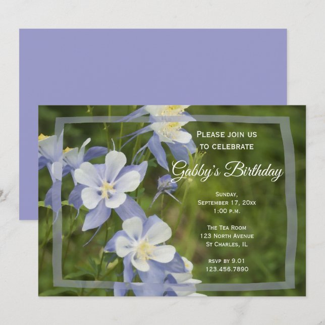 Invitación Fiesta de cumpleaños de las Flores de Columbina Az (Anverso / Reverso)