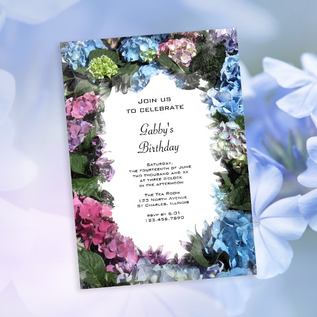 Invitación Fiesta de cumpleaños de las flores de hidrangea mu (Subido por el creador)