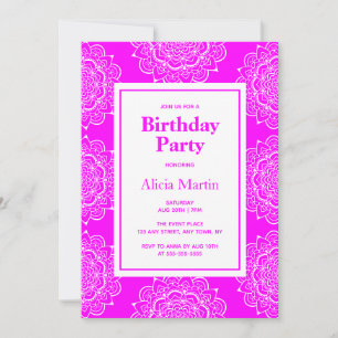 Invitación Fiesta de cumpleaños de las flores de Mandala blan