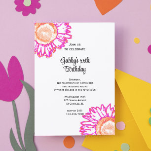 Invitación Fiesta de cumpleaños de las flores de neón rosada