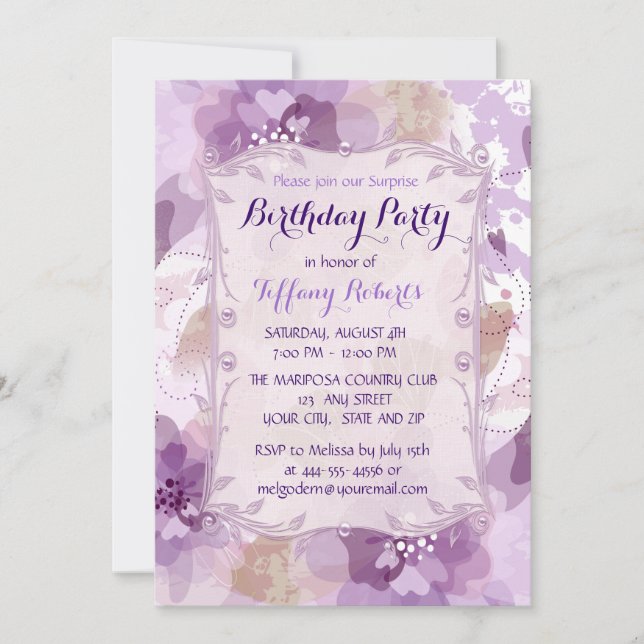 Invitación Fiesta de cumpleaños de las flores moradas (Anverso)