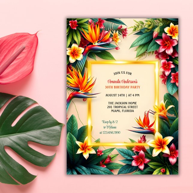 Invitación Fiesta de cumpleaños de las flores tropicales hawa (Tropical Hawaiian Birthday Party Invitation with Hibiscus Flowers and Palm Leaves)