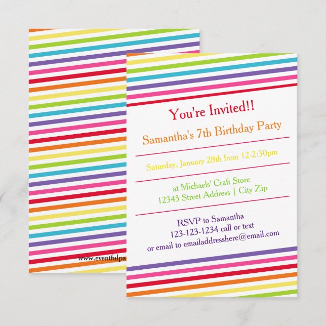 Invitación Fiesta de cumpleaños de las franjas arcoiris - Inv (Anverso / Reverso)