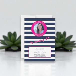 Invitación Fiesta de cumpleaños de las franjas náuticas rosad