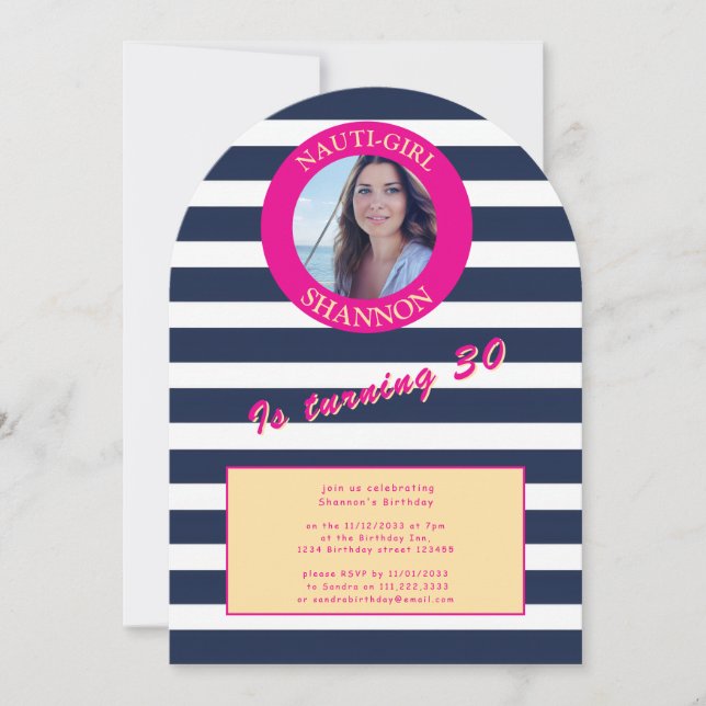 Invitación Fiesta de cumpleaños de las franjas náuticas rosad (Anverso)