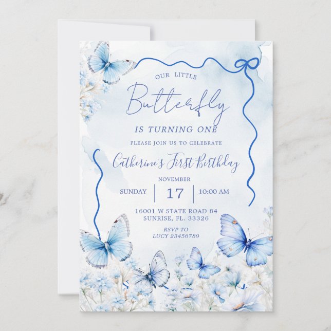 Invitación Fiesta de cumpleaños de las mariposas azules peque (Anverso)