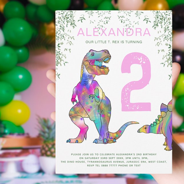Invitación Fiesta de cumpleaños de las niñas de T-Rex Dinosau (T-Rex dinosaur girls 2nd birthday party with colorful tyrannosaurus and stegosaurus )