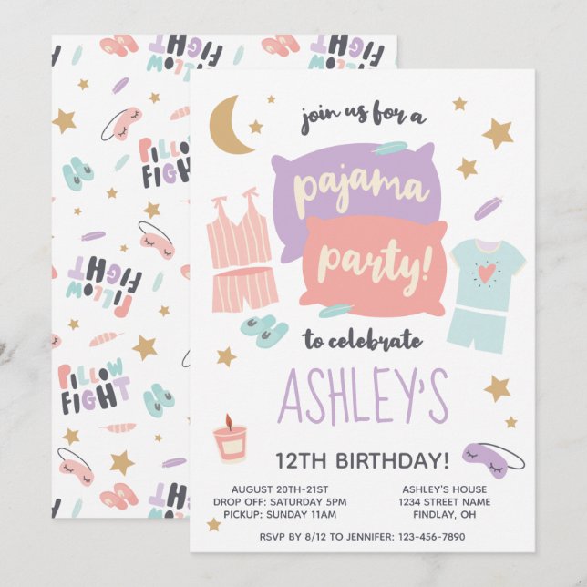 Invitación Fiesta de cumpleaños de las niñas Fiestas Pajama,  (Anverso / Reverso)