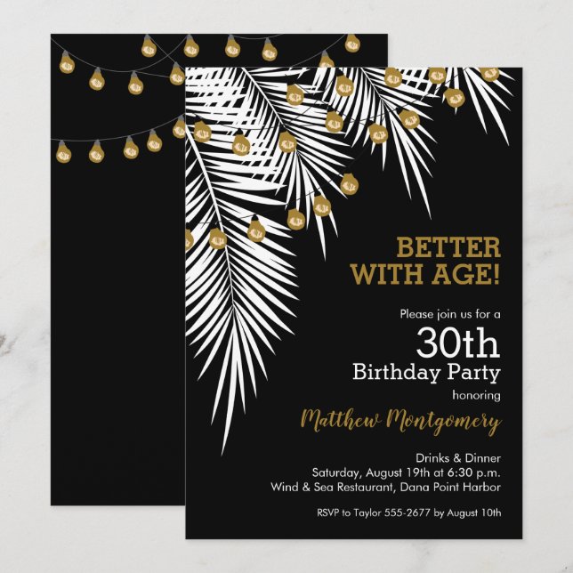 Invitación Fiesta de cumpleaños de las Palmas de Oro y Negro (Anverso / Reverso)