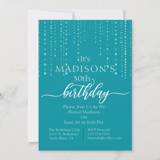 Invitación Fiesta de cumpleaños de las perlas Verde azuladas  (Anverso)