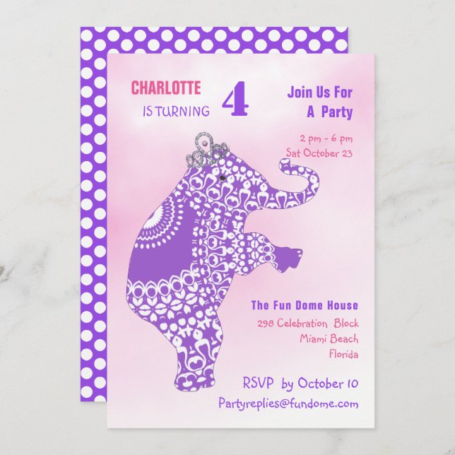 Invitación fiesta de cumpleaños de las princesas cute Elephan (Anverso / Reverso)
