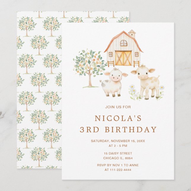 Invitación Fiesta de cumpleaños de las vacas de la granja Cut (Anverso / Reverso)