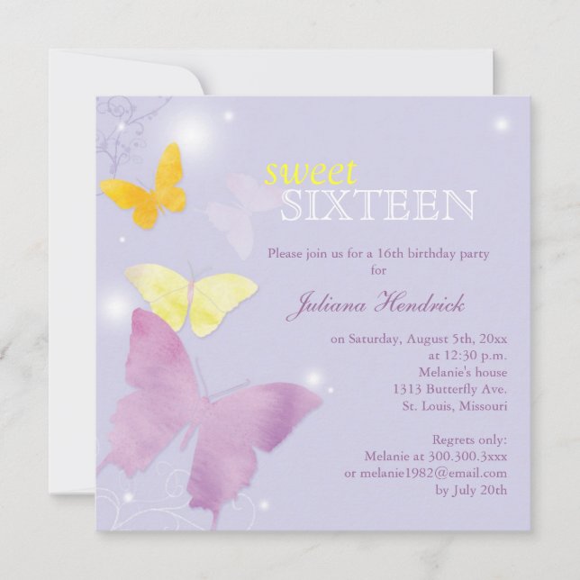Invitación Fiesta de cumpleaños de Lavender Butterfly Sweet 1 (Anverso)