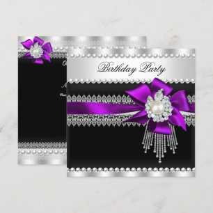 Invitación Fiesta de cumpleaños de lazo púrpura perla negra